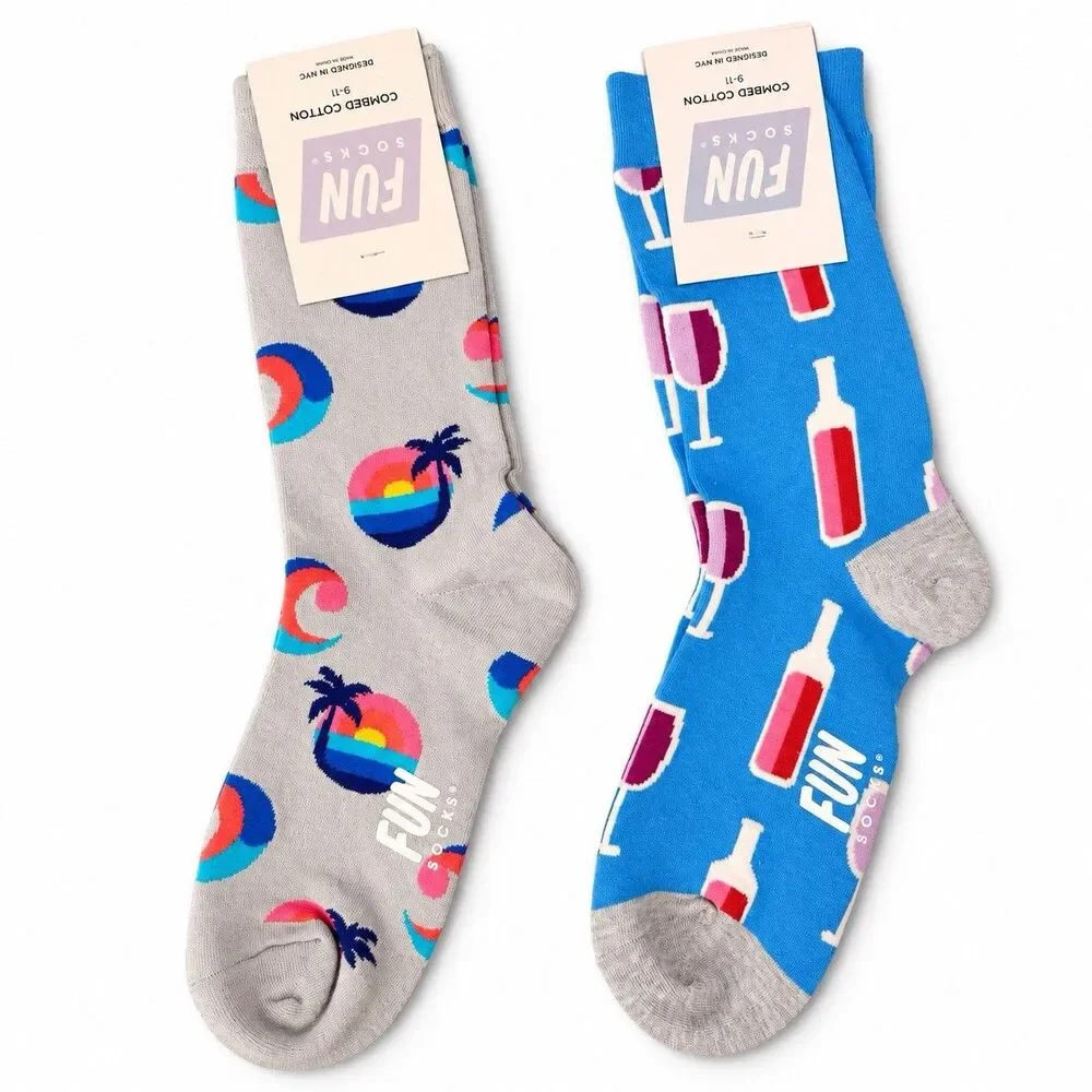 Women’s Fun Socks Crew 2-Pack Wine Tropical Novelty Size 9-11 New